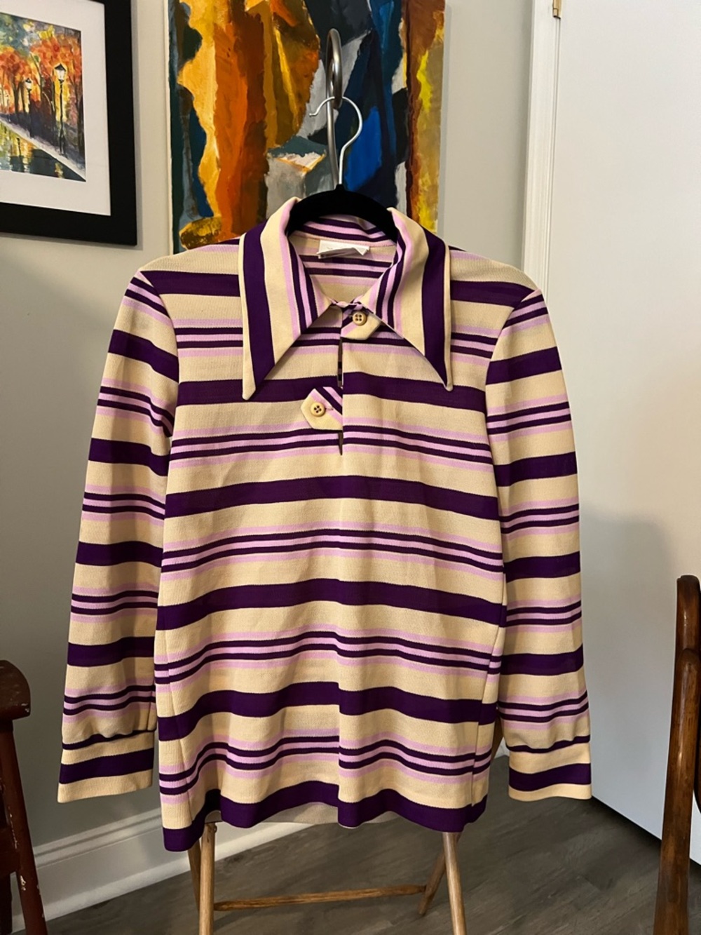 70s Jantzen Cream and Purple Striped 3/4 Sleeves Shirt